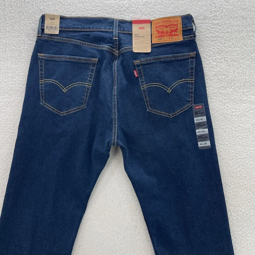Levis Jeans Mens 34x32 Blue 505 Regular Straight Dark Wash Stretch Denim Cowboy